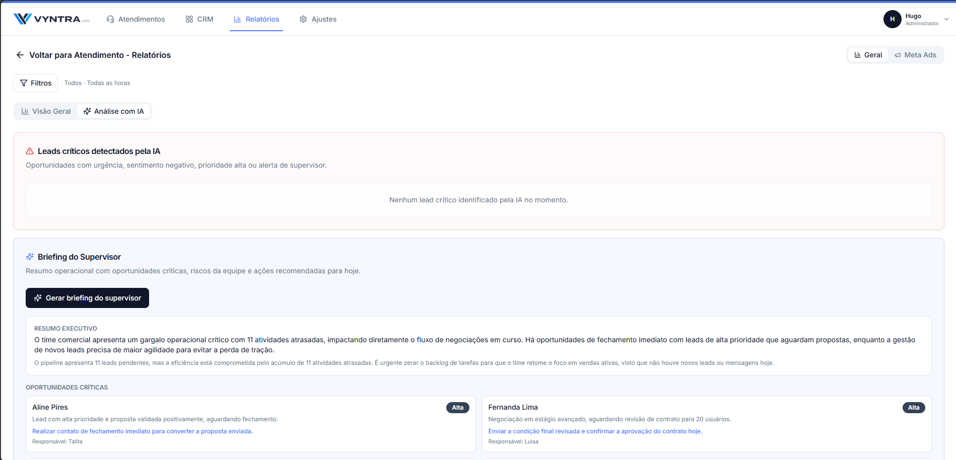 Dashboard com briefing, leads críticos e relatórios